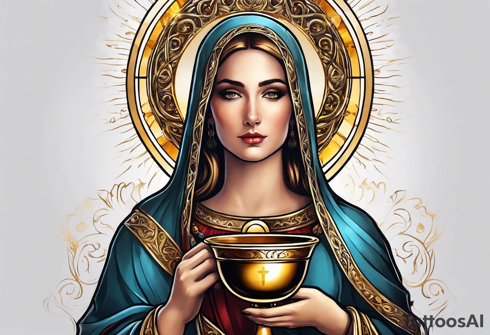 woman saint holding chalice surrounded by golden halo portrait tattoo idea
