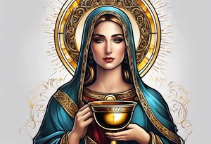 woman saint holding chalice surrounded by golden halo portrait tattoo idea