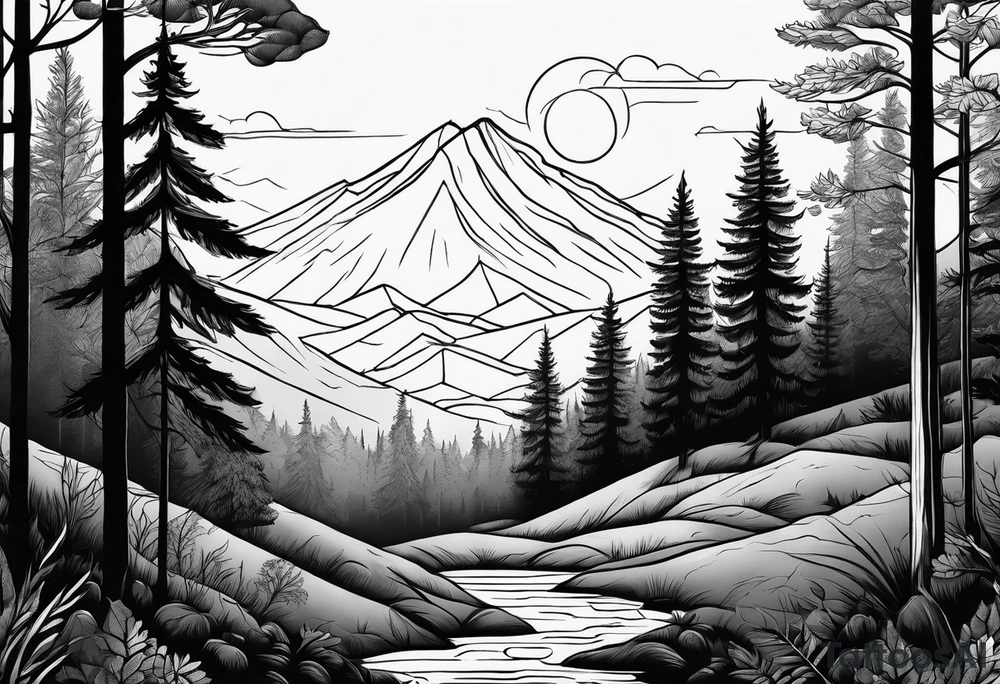 forest along the edges where there are fires below and in the distance with full trees tattoo idea