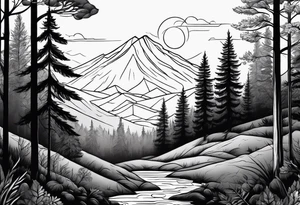 forest along the edges where there are fires below and in the distance with full trees tattoo idea