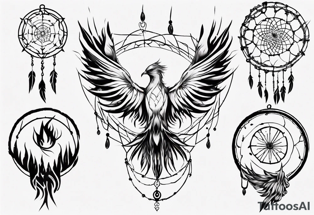 Fire Phoenix flying blending into dream catcher tattoo idea Fire Phoenix flying blending into dream catcher tattoo idea