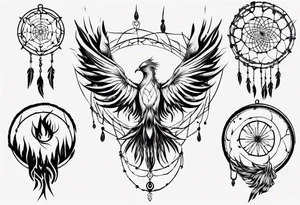 Fire Phoenix flying blending into dream catcher tattoo idea