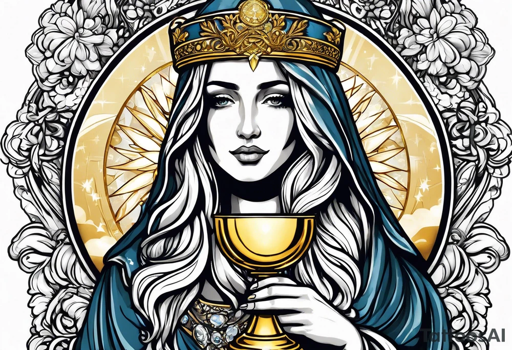 holy saint woman with golden halo holding a chalice tattoo idea