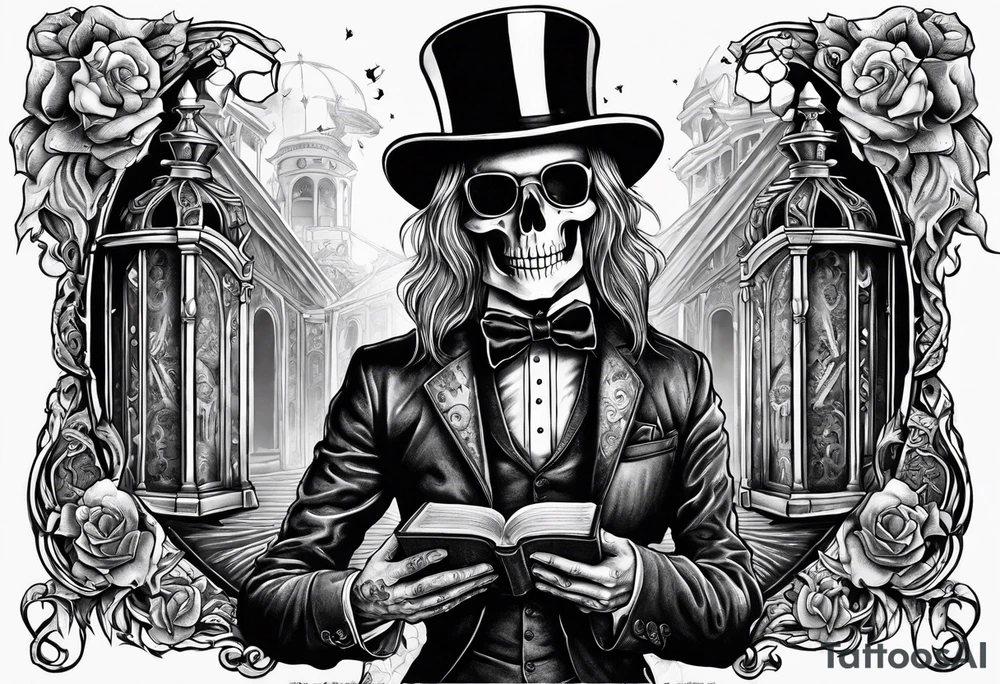 skeleton with skin falling off wearing a top hat holding a holy bible tattoo idea