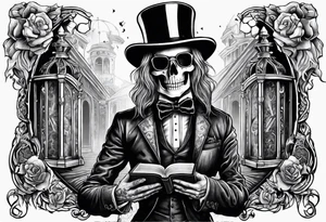 skeleton with skin falling off wearing a top hat holding a holy bible tattoo idea