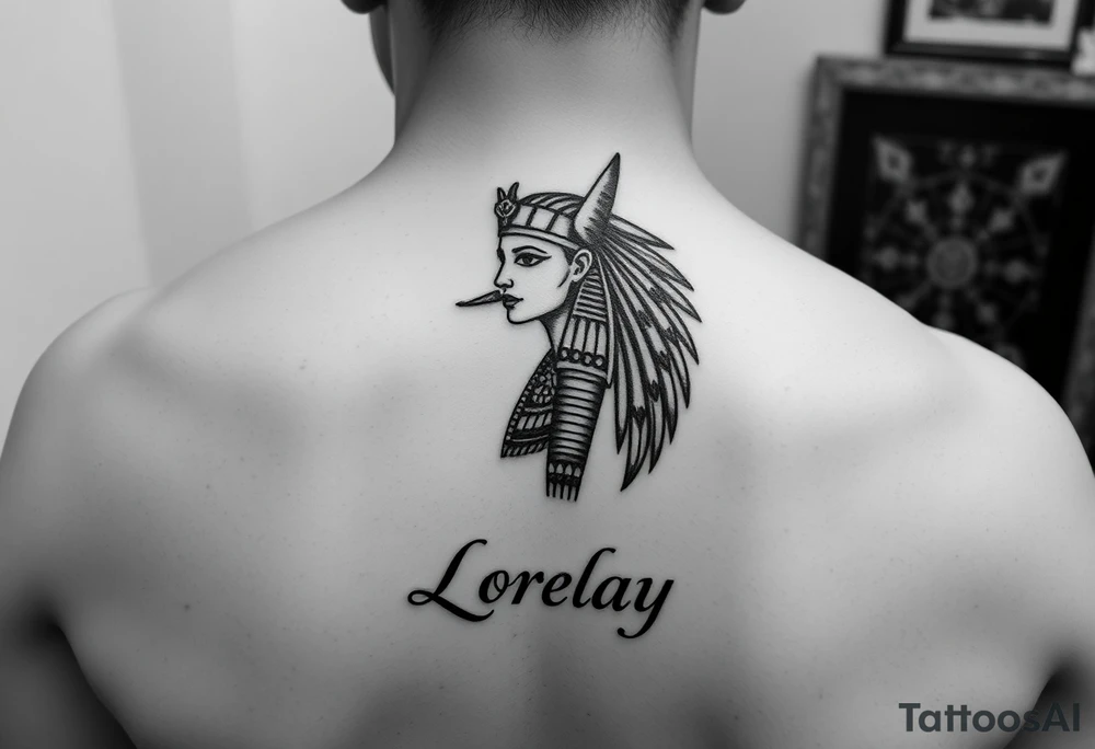 Créame un diseño en miniatura para el bíceps de un personaje principal chica 
de la cultura de egipcia con el nombre de lorelay escrito por debajo del diseño tattoo idea