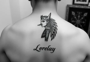 Créame un diseño en miniatura para el bíceps de un personaje principal chica 
de la cultura de egipcia con el nombre de lorelay escrito por debajo del diseño tattoo idea