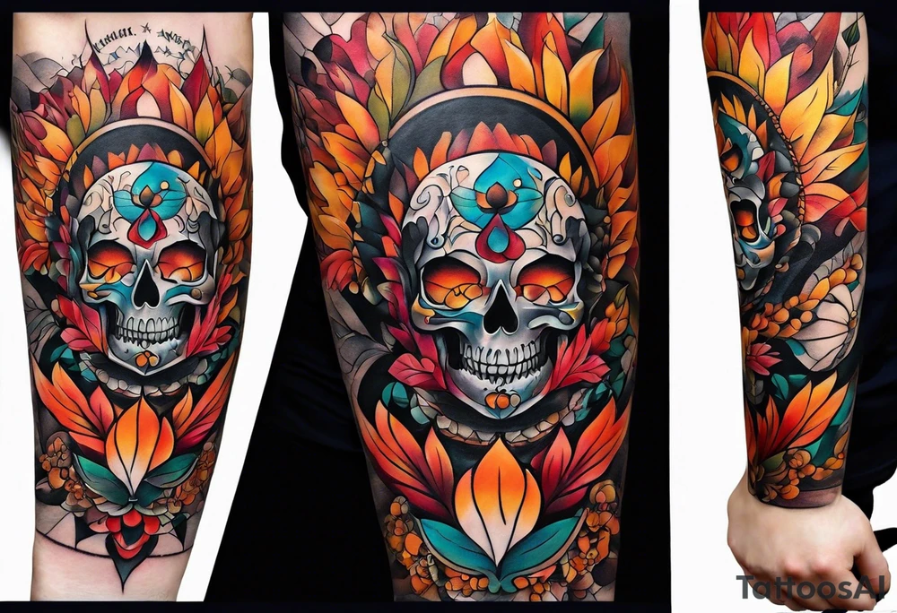 Arm Sleeve Tattoo with fall colors flat tattoo idea