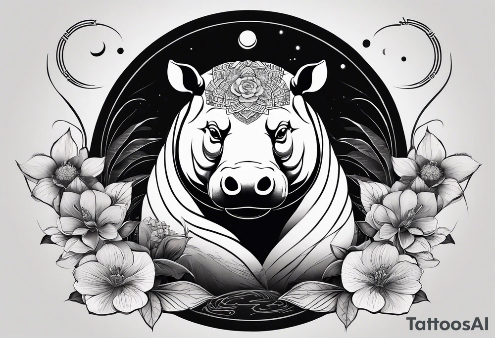 Very asymmetrical, +geometric pattern, with realistic full moon, with serious looking hippo, +zen feel, + Buddhism touch, +tribal, +geometric, +chinese inkart 
with wintersweet flower bud, +portrait orientation, +inkart touch, tattoo idea