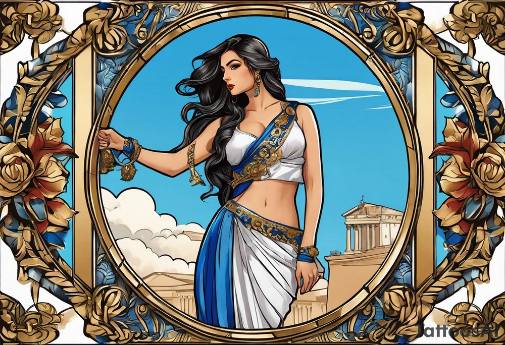 ancient rome clothes ,women,,ancient scale in one hand, blue rose frames, ladies justicia ,keeps  scale tattoo idea