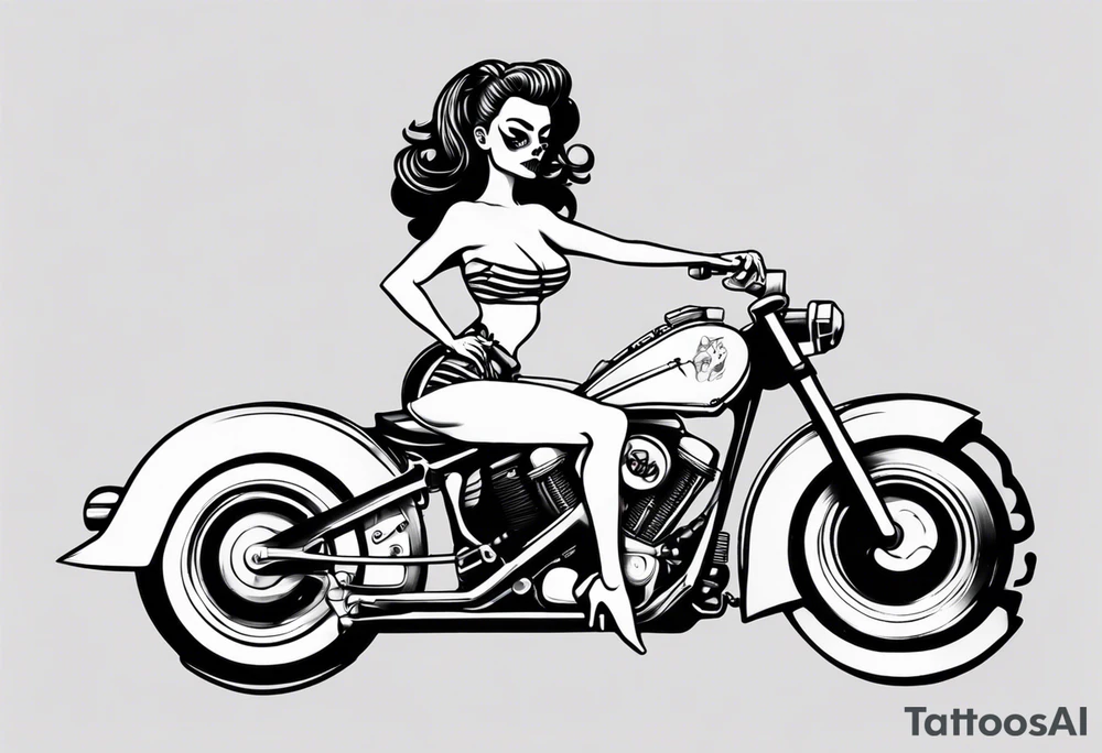 Skeleton pinup doll driving a motorcycle tattoo idea