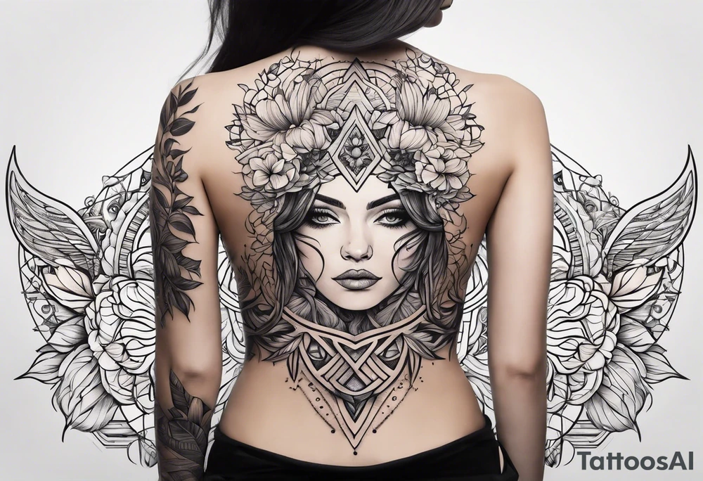 Ornamental tattoo with nature on the back tattoo idea