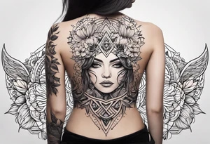 Ornamental tattoo with nature on the back tattoo idea