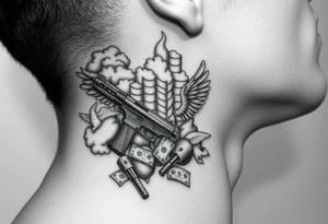 deepfull description of details with clouds,fire guns, money,angels tattoo idea