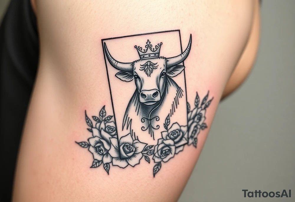 A king  card with a highland cow, a small four leaf clover, a small spanner the card surrounded by roses tattoo idea