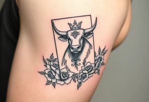 A king  card with a highland cow, a small four leaf clover, a small spanner the card surrounded by roses tattoo idea