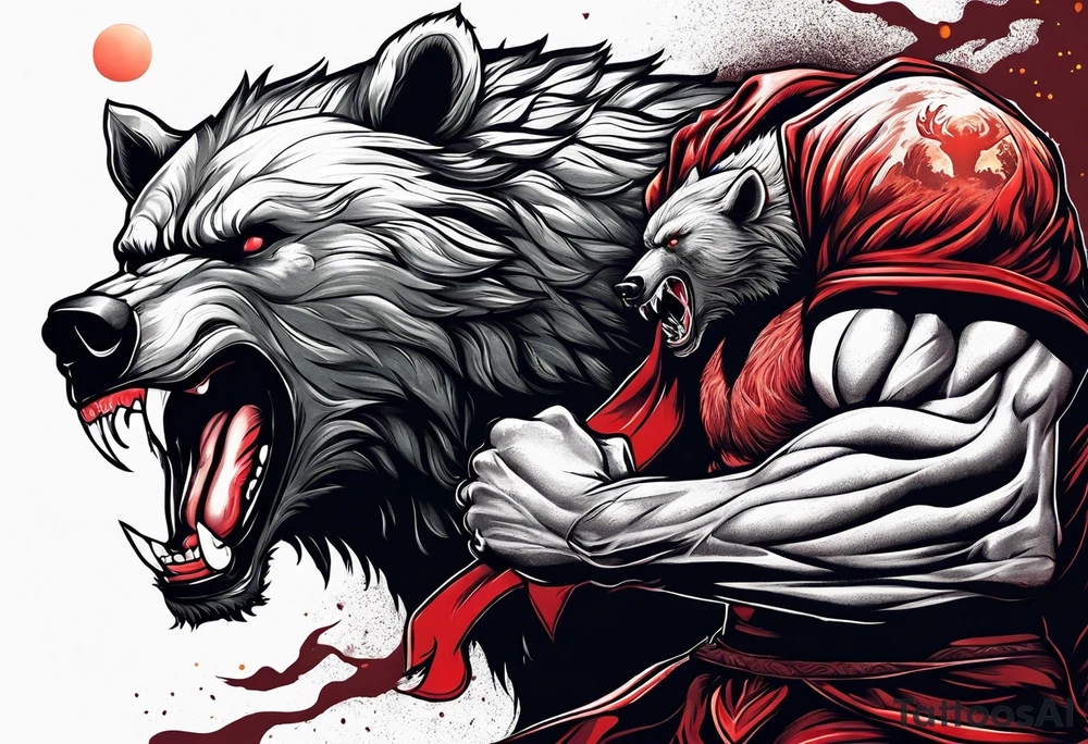 Muscular werewolf and muscular bear fighting under a blood moon tattoo idea