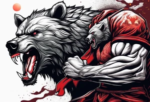 Muscular werewolf and muscular bear fighting under a blood moon tattoo idea