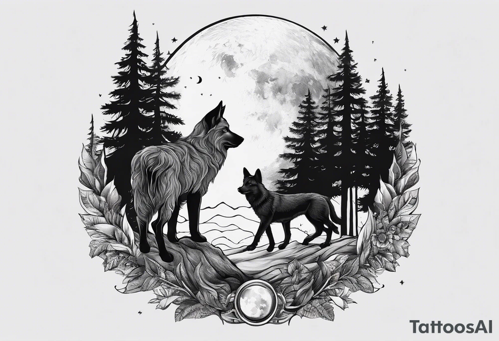 Lupo nella foresta con luna piena tattoo idea