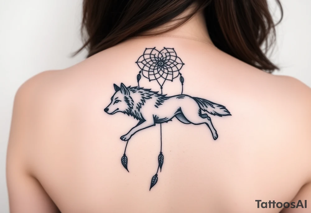 A wolf running through the woods, with dreamcatcher rings behind it tattoo idea