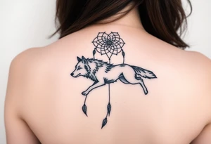 A wolf running through the woods, with dreamcatcher rings behind it tattoo idea