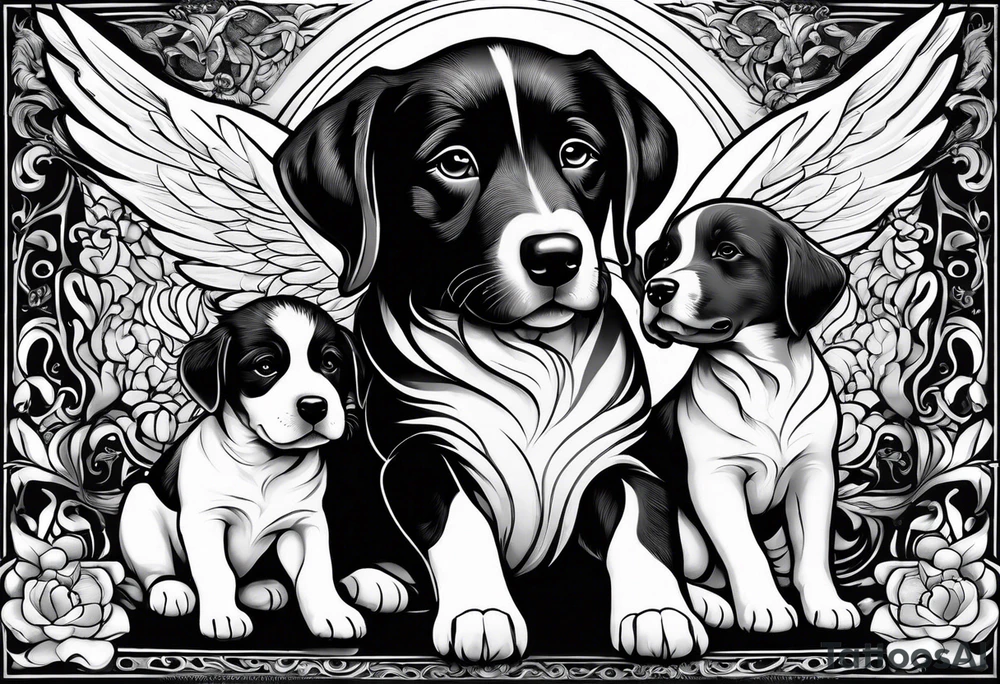 Black dog guarding human infants (the infants are angels) tattoo idea