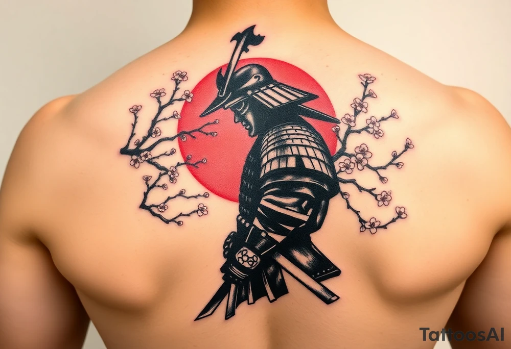 noble samurai warrior silhouette at sunset with cherry blossoms tattoo idea