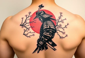 noble samurai warrior silhouette at sunset with cherry blossoms tattoo idea
