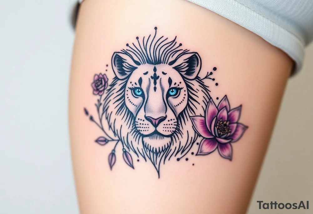 Lion with blue eyes surrounded by larkspur and water lily tattoo idea