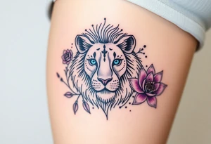 Lion with blue eyes surrounded by larkspur and water lily tattoo idea