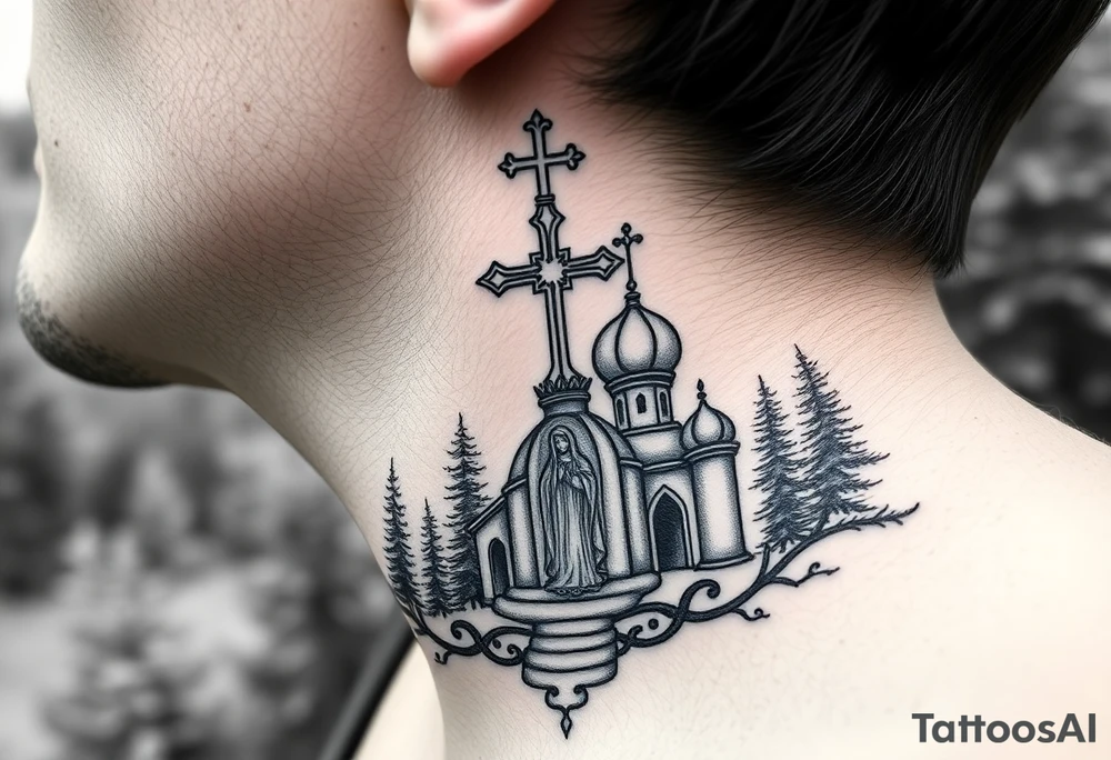 russian coat arms traditional christian orthodox cross with a virgin mary stood in the entrance of a russian orthodox dome church on the side of the neck in a wilderness setting tattoo idea