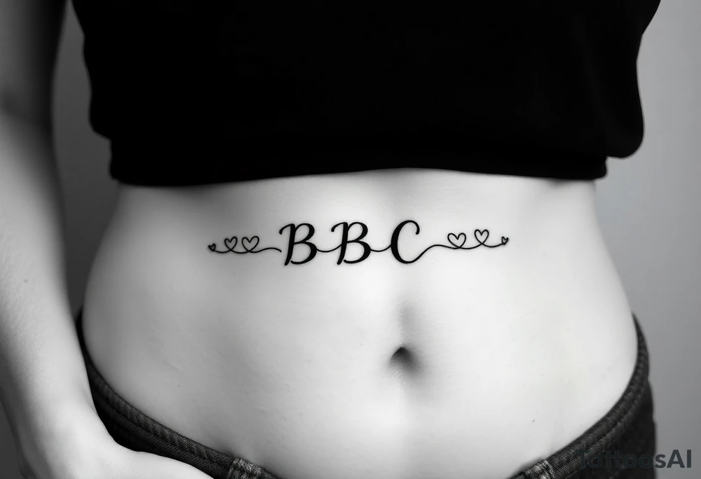 text reading "BBC" across a womb tattoo surrounded by hearts tattoo idea