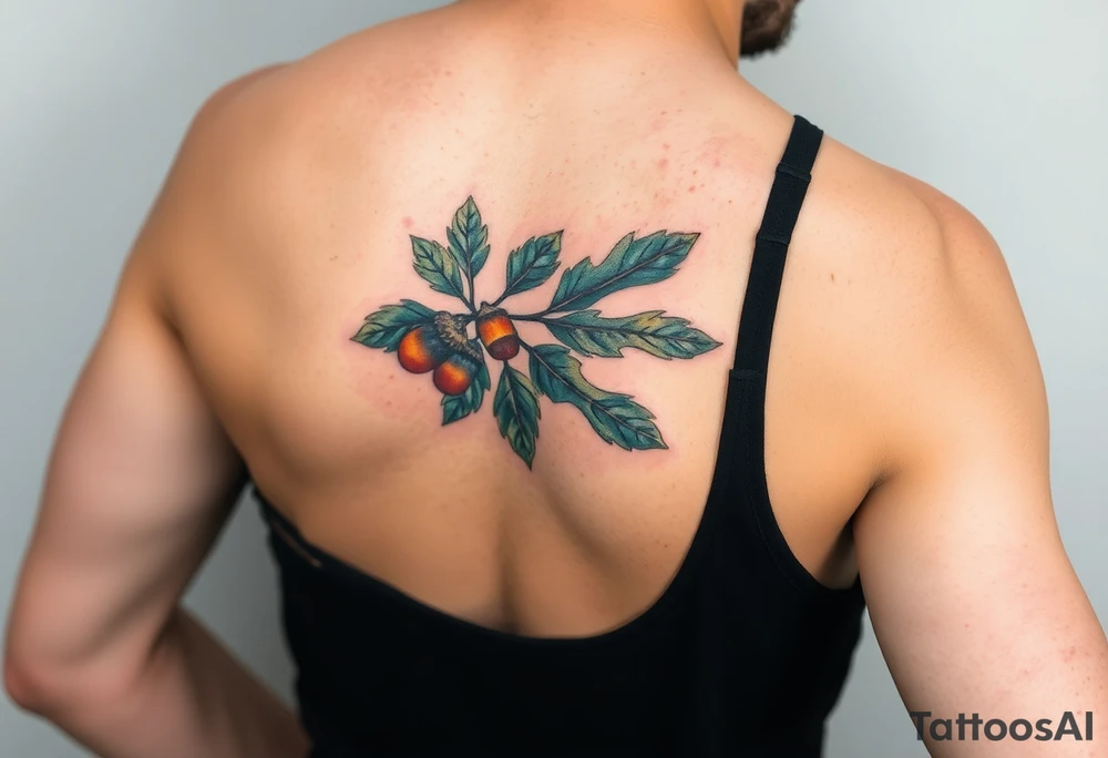 on the forearm an oak branch with thick leaves and acorns tattoo idea
