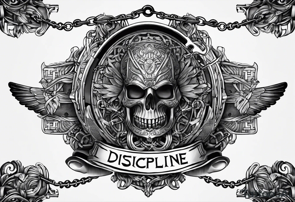 Tattoo of the word 'Self discipline' tied on both ends with metal chains and connected in the middle with a lock tattoo idea