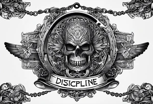 Tattoo of the word 'Self discipline' tied on both ends with metal chains and connected in the middle with a lock tattoo idea