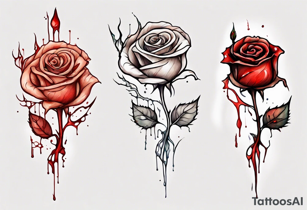 rose flower, one line, red blood dripping from the flower, tall, watercolor on light brown skin tattoo idea