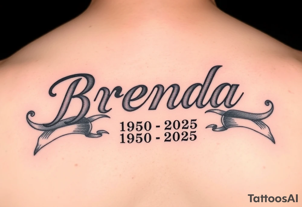 "BRENDA" VIERTICALLY WITH RIBBONS UNDERNEATH SHOWING 1950-2025 tattoo idea
