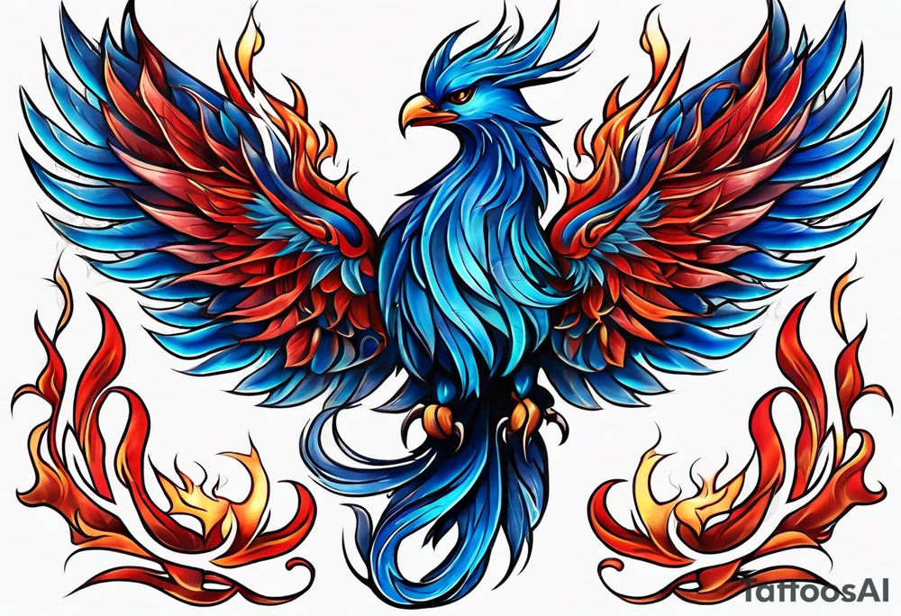 Blue and red Phoenix in a triquetra with flames tattoo idea
