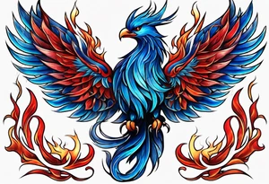 Blue and red Phoenix in a triquetra with flames tattoo idea