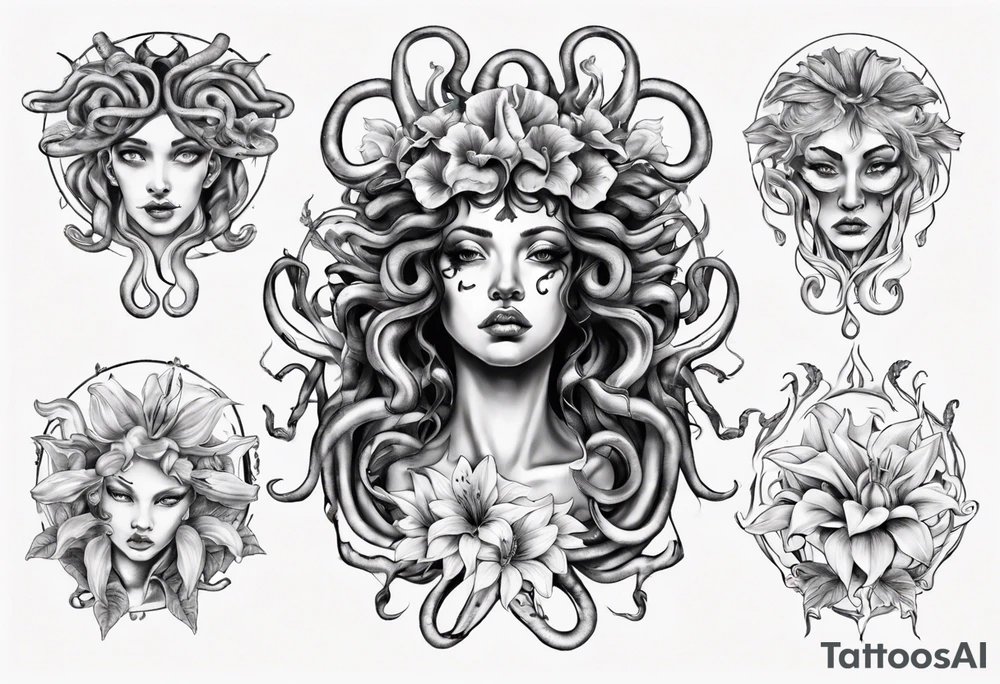 Medusa with no pupils and lilys tattoo idea