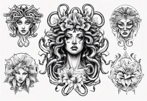 Medusa with no pupils and lilys tattoo idea