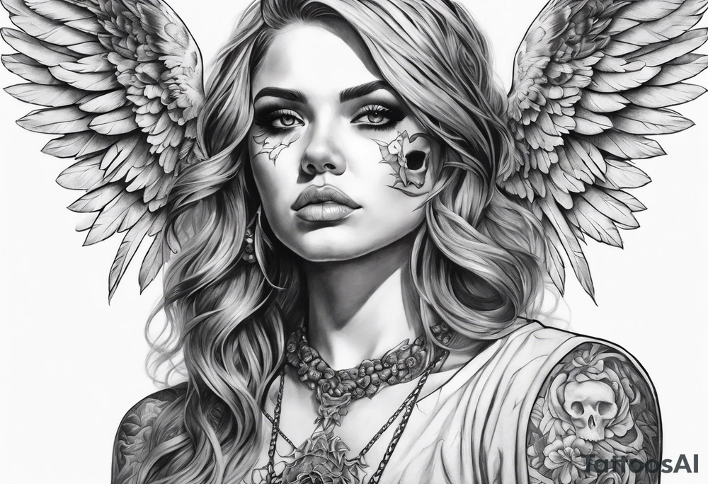 realistic angel with skull face tattoo idea