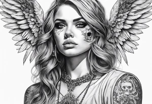 realistic angel with skull face tattoo idea