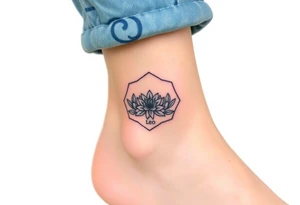 Faint Hexagon with astrological sign for Leo, larkspur and water lilies in the center tattoo idea