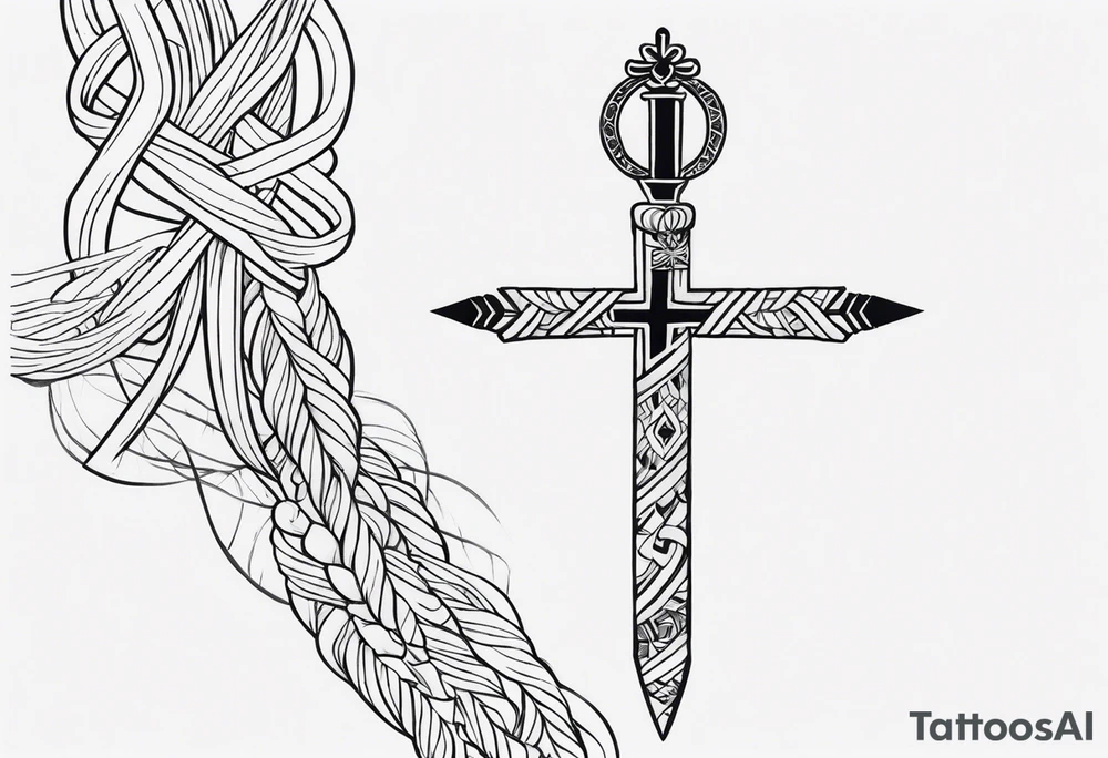 A rope that surrounds the shoulder girdle, with a pen, an ankh, and a straight-dagger hanging by a string, down onto the arm, but not passing the shoulder tattoo idea