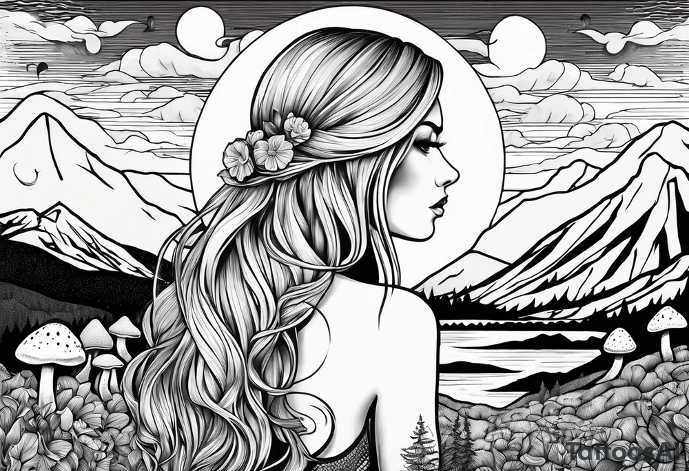 Straight blonde hair girl facing away mountains surrounded by mushrooms crescent moon tattoo idea