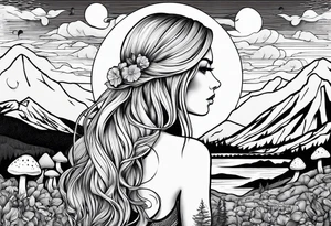Straight blonde hair girl facing away mountains surrounded by mushrooms crescent moon tattoo idea