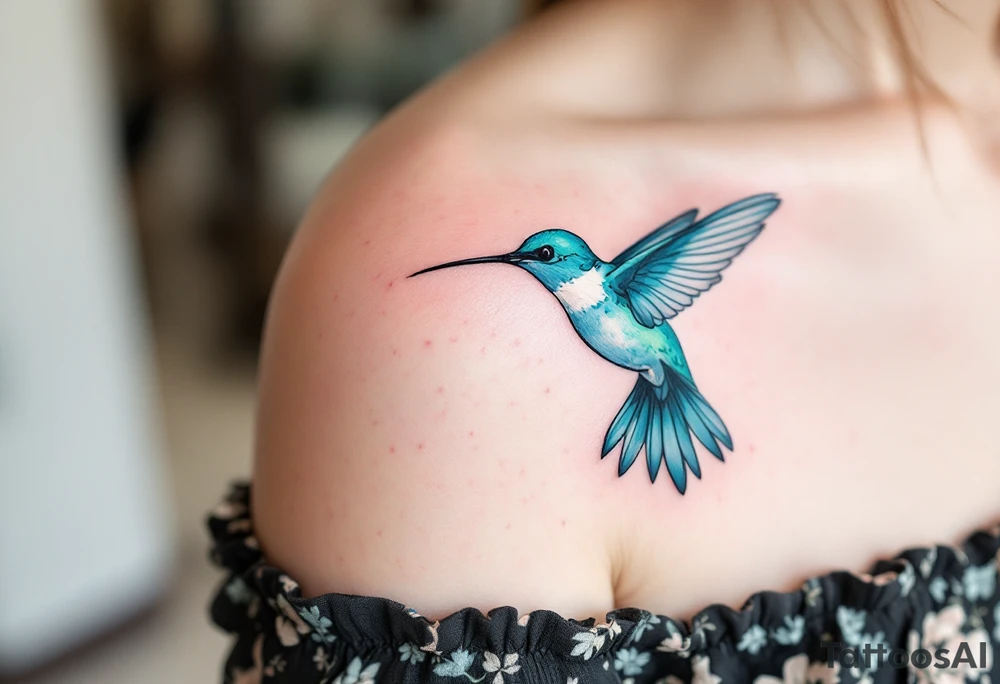 A delicate hummingbird in teal hovering near a child’s name in cursive reflects a mother’s ceaseless care and presence. tattoo idea