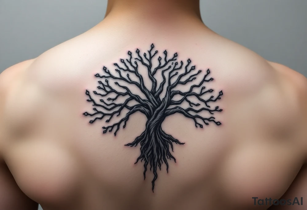 mystical tree of life with cosmic roots and celestial branches tattoo idea