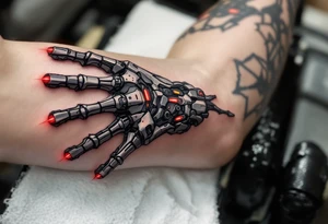 A skeletal robotic arm with bone-like mechanical segments in matte gray, accented by red heat signatures at each joint. tattoo idea